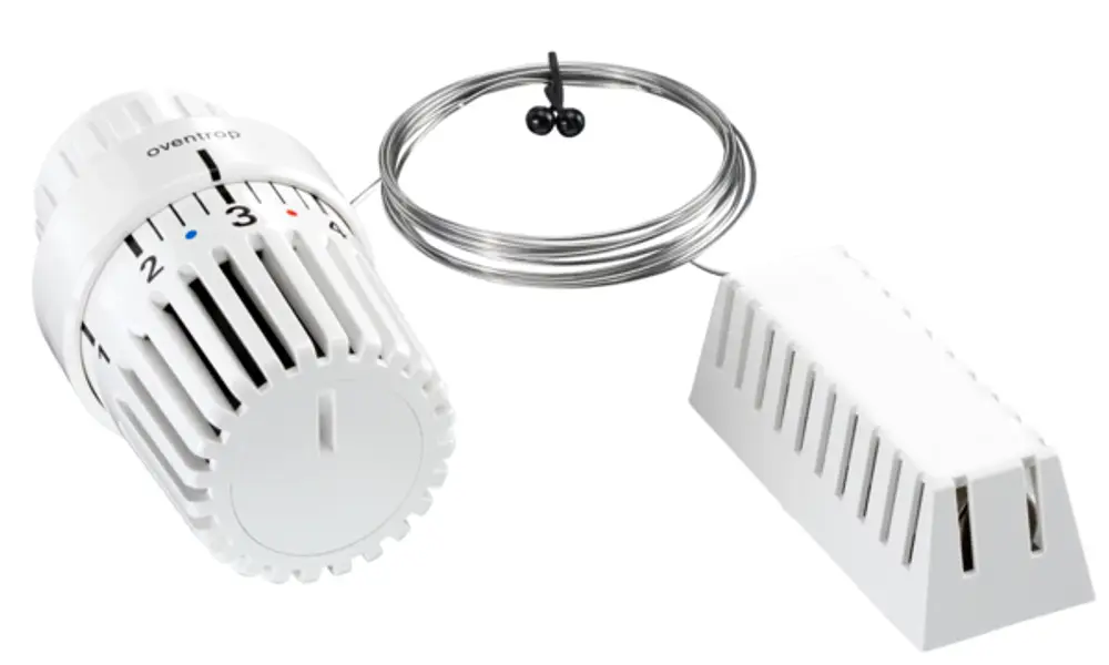 Oventrop Heizkörperthermostat mit Fernfühler in Weiß, bestehend aus einem Regler mit Einstellskala und einem externen Sensorelement in einem kompakten Gehäuse.